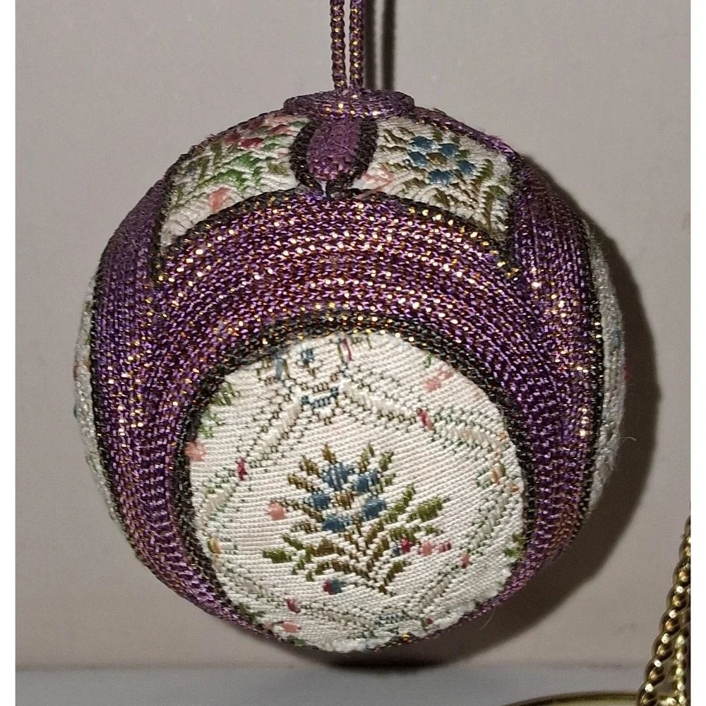 Vintage Japanese Kimekomi Temari Ball Ornament Purple Gold Floral 3.25